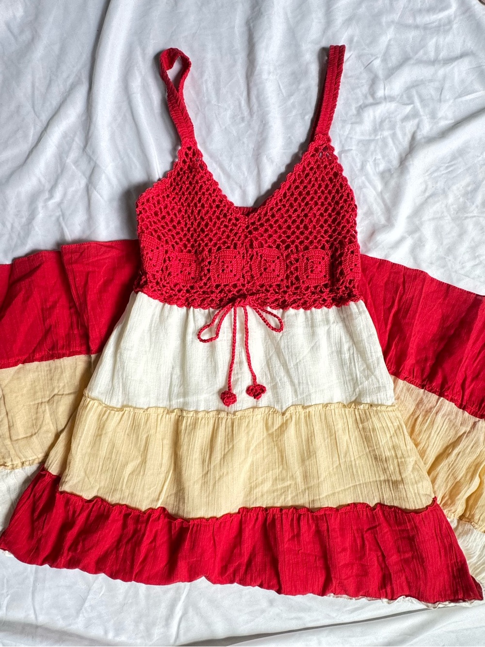 Cotton Maxi Red and Cream Tiered Crochet Sundress